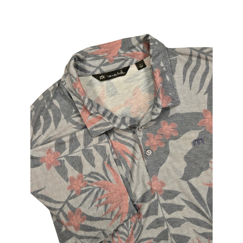 TravisMathew Mens XL Grey Pink Tropical Floral Pima Cotton Blend Polo Shirt